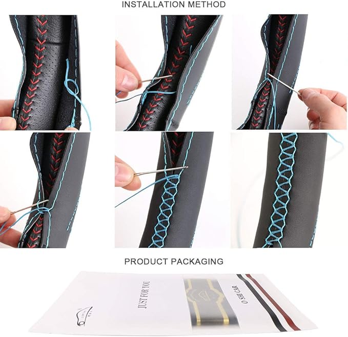O SHI CAR 15 Inch 3D Universal Artificial Leather Steering Wheel Cover Stitch On Wrap with Needle & Thread Non-Slip Black