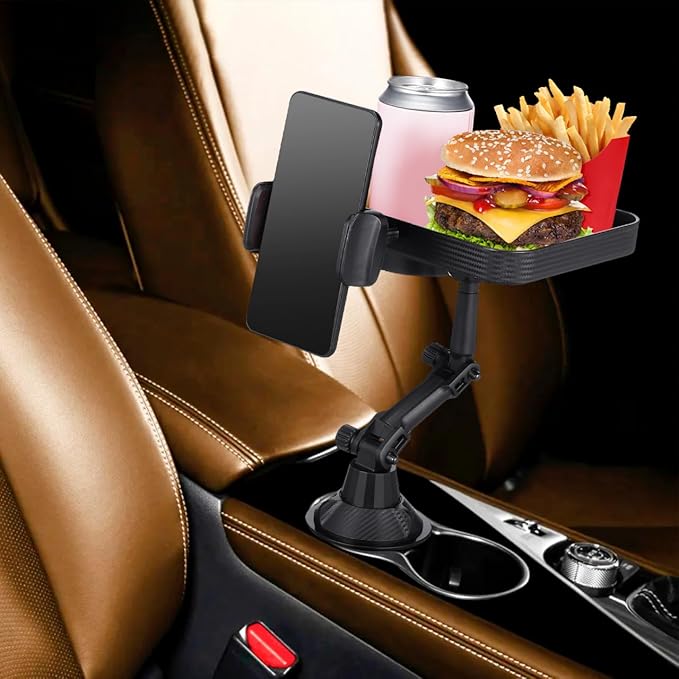 Car Cup Holder Tray - Car Trays for Eating, 3-in-1 Adjustable Swivel CAR Food Tray, Universal Vehicle Cup Holder Expander Drink Stand for Food, Phone - SUV Truck Road Trip Essentials