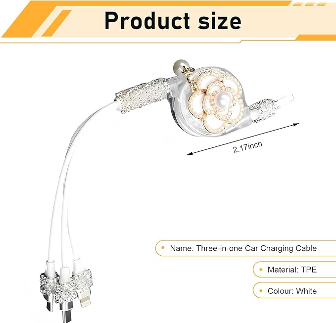 Car Retractable Multi Charging Cable, 3 in 1 Fast Charger Cord, Camellia Patterned/Heart-shaped Diamond-studded Car Charger Cable, Stylish for Women, Compatible with Phone, Tablets (White)