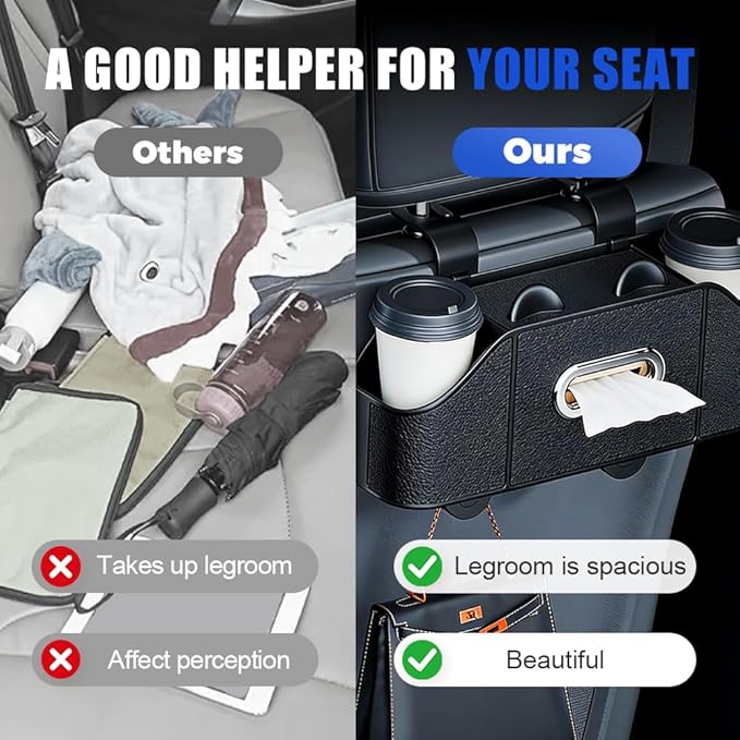 Multifunctional Car Back Seat Storage Organize with Tissue Holder, 2 Cup Holders and Purse Hooks, For Phones, Snacks, Drinks, Bags, Travel Storage (Beige)