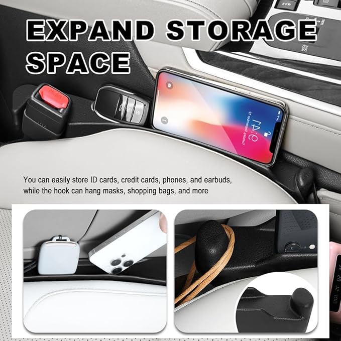 3 in 1 Car Seat Gap Filler 2 Pack,2026 Upgraded Car Side Seat Gap Filler with Organizer Slot & Hook,Universal in Between Cars Seats Catcher Cars Accessories to Avoid Item Drop