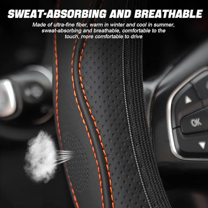 LoyaForba Car Steering Wheel Cover, Non-Slip Microfiber Leather Steering Wheel Cover, Breathable Vehicle Soft Handle Protector, Universal Automotive Interior Accessories for Women Men Girls (Orange)