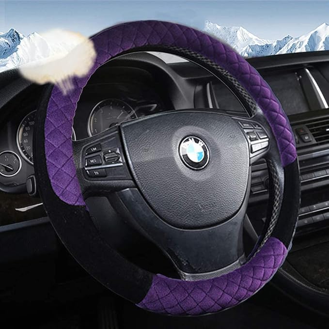 15Inch Leather Car Steering Wheel Cover Women Cute Non Slip Car Accessory Gear Shift Cover Handbrake Cover Universal Fit Most Car Protector (Purple)