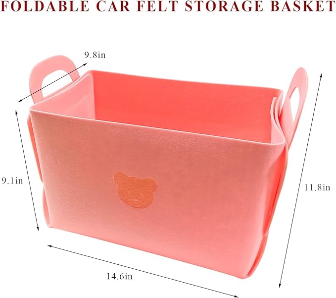 Car Trunk Organizer, Foldable Felt Basket Lightweight Storage Bin with Handles, Large Capacity Flexible Storage Bag Multipurpose Organizer for Vehicle Trunk & Backseat (Pink, 1 Bear)