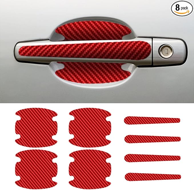 8PCS Car Door Handle Scratch Protectors, Carbon Fiber Car Door Handle Bowl Sticker, Universal Auto Doors Handles Paint Guard Cover, Doors Handles Cup Protective Film for Cars (Red)