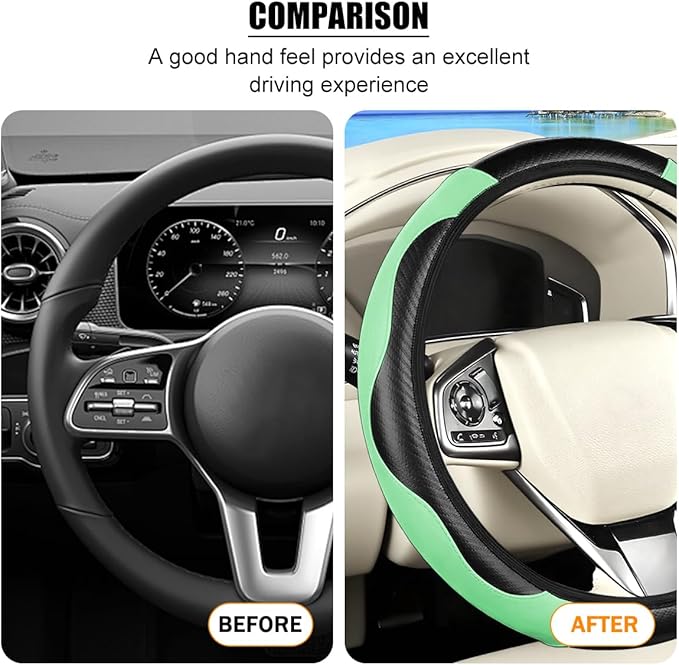 Carbon Fiber Car Steering Wheel Cover, 14.5-15 Inch Elastic Stretch Steering Wheel Guard, Sports Style Non-Slip Automotive Interior Accessories, Universal for Vehicles (Green)