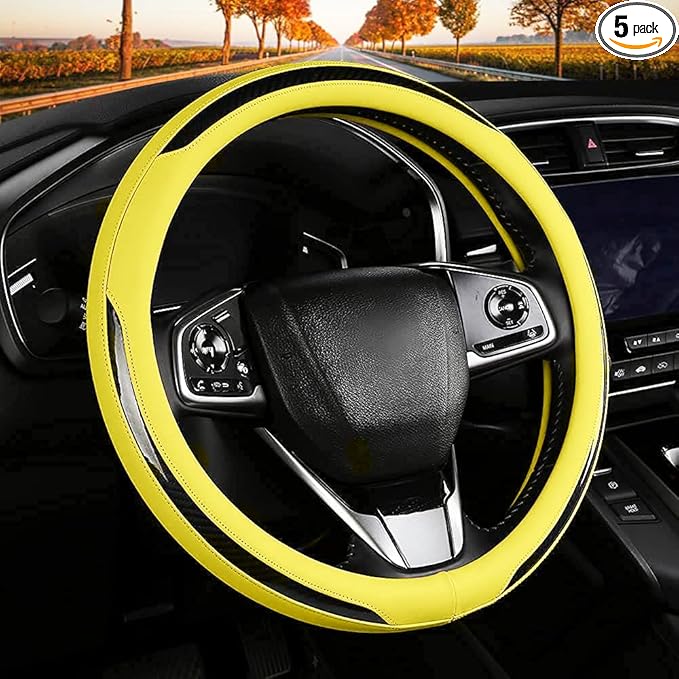 New Leather Car Steering Wheel Cover, Non-Slip Car Wheel Cover Protector Breathable Microfiber Leather Universal Fit for Most Cars(Yeiiow)