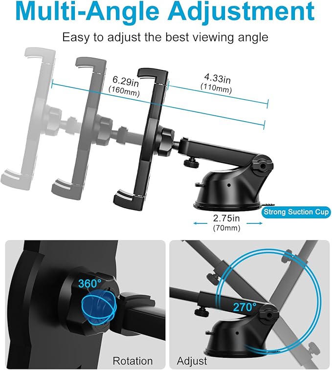GDZN Dashboard Car Mount, Stretchable Dash Holder, Super Sticky Suction Cup Stand Clamp for iPad Pro 12.9 Air Mini, Galaxy Tabs, Z Fold, More 4-13" Cellphones and Tablets