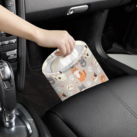 Cute Cats Car Trash Can Kitten Paws Waterproof Garbage Can Car-Seat Back Hanging Trash Bag Portable Camping Waste Bin Storage Bag Collapsible Rubbish Container for Car (5.9" W,7.2" H)
