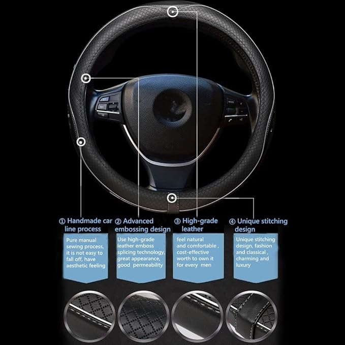 Car Steering Wheel Cover, Anti-Slip, Safety, Soft, Breathable, Heavy Duty, Thick, Full Surround, Sports Style (Black with White Line)