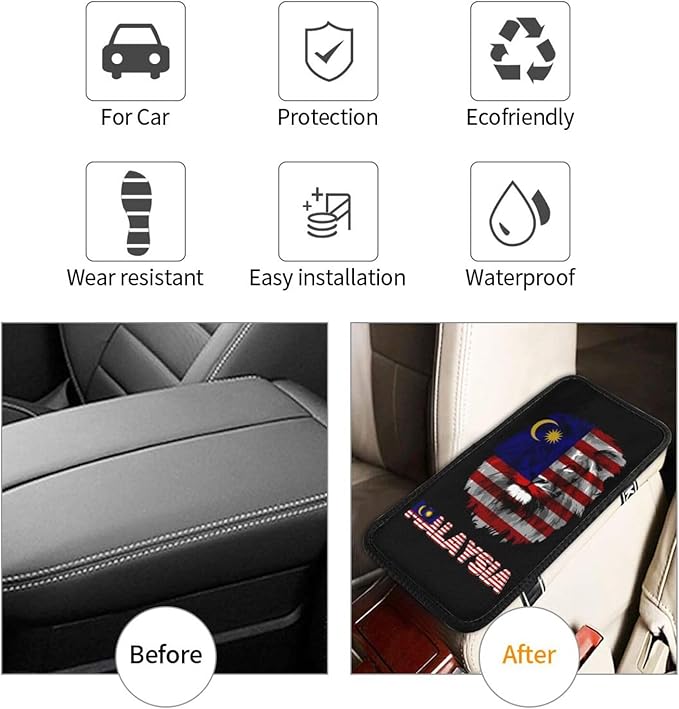 Vintage Malaysia Malaysian Flag Lion Head Auto Center Console Armrest Cover Car Handrail Box Cushion Pad Mat Universal Fit Most Vehicle Sedan Truck SUV Soft Comfort Decor Accessories