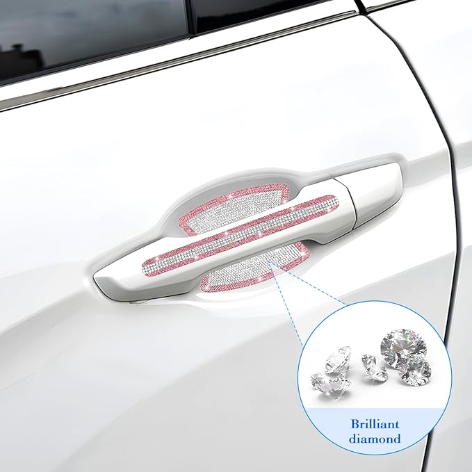 Mandark 8PCS Bling Car Door Handle Protector, Crystal Rhinestone Vehicle Door Bowl Protective Sticker, Glitter Anti-Scratch Auto Decor Decals Accessories, Universal for SUV, Sedan, Truck (White/Pink)
