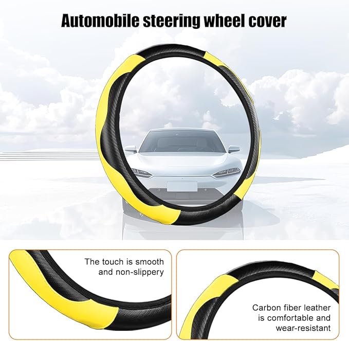 Carbon Fiber Car Steering Wheel Cover, 14.5-15 Inch Elastic Stretch Steering Wheel Guard, Sports Style Non-Slip Automotive Interior Accessories, Universal for Vehicles (Yellow)