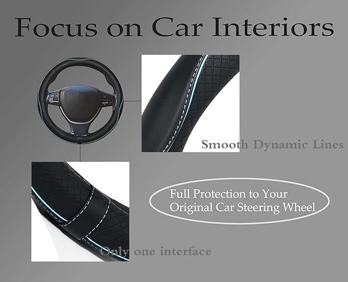 Car Steering Wheel Cover,Anti-Slip, Safety, Soft, Breathable,Heavy Duty, Thick,Full Surround,Sports Style (Black with Light Blue Line)