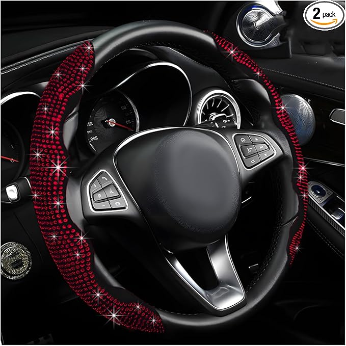 2 PCS Steering Wheel Cover, Segmented Car Wheel Covers with Crystal Rhinestones, Non-Slip Protector Bling Sparkly Decoration for Most Steering Wheels, Car Accessories (Red)