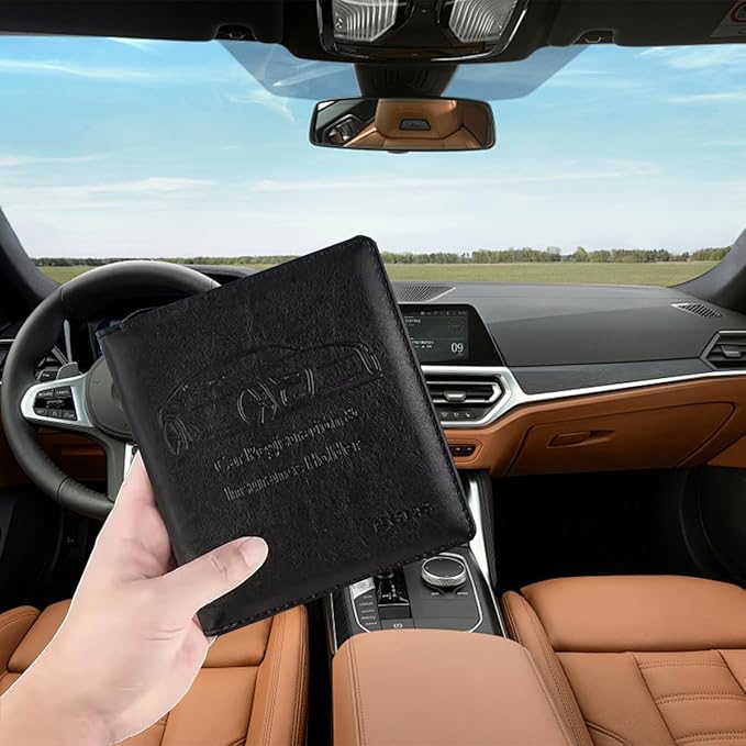 Car Registration and Insurance Holder, Vehicle Glove Box Organizer with Magnetic Closure, PU Leather Embossed Auto Card Document Holder Accessories, Universal for SUV, Truck, RV（Black）