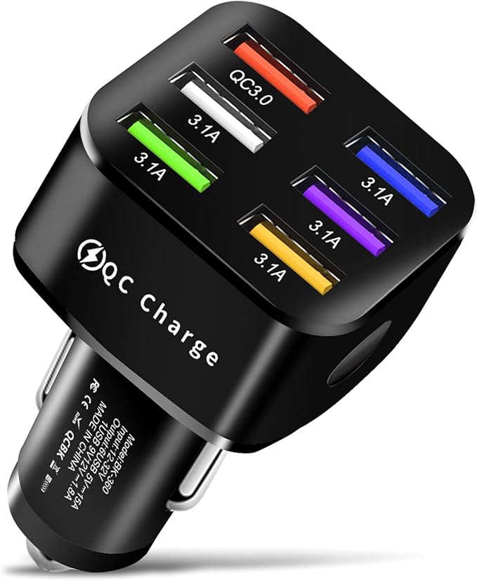 Amiss Car Charger Adapter, 6 USB Multi Port, Fast Charger, Include QC 3.0 and 5 Other Ports, Car Interior Accessories, Fit for iPhone 13/12/11/pro，Samsung Galaxy/Note S10/S9/S8 - Bright Black