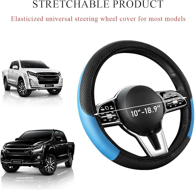 Elastic Car Steering Wheel Cover, Microfiber Leather Carbon Fiber Vehicle Steering Wheel Protector With Anti-Slip Lining - Black+Blue, AD
