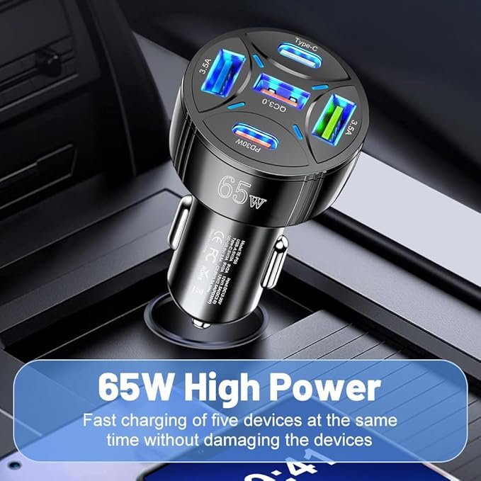 USB C Car Phone Charger Adapter 5 in 1 Multi Port PD30W &QC3.0 Super Fast Charging, 65W Cigarette Lighter USB Charger for iPhone/Android/Samsung/iPad Pro and More (White)