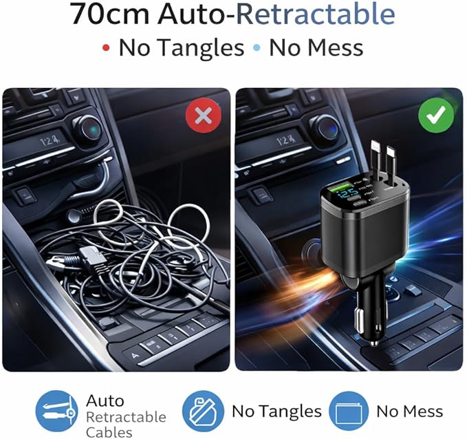 Mizi [2025 Upgraded] Retractable Car Charger 5 in 1, 69W Fast Charging with 2X Retractable Cords [Lightning + Type-C], 2X Type-C & 1X Type-A Port for iPhone 16/15/14/13/12, Samsung, and More - Black