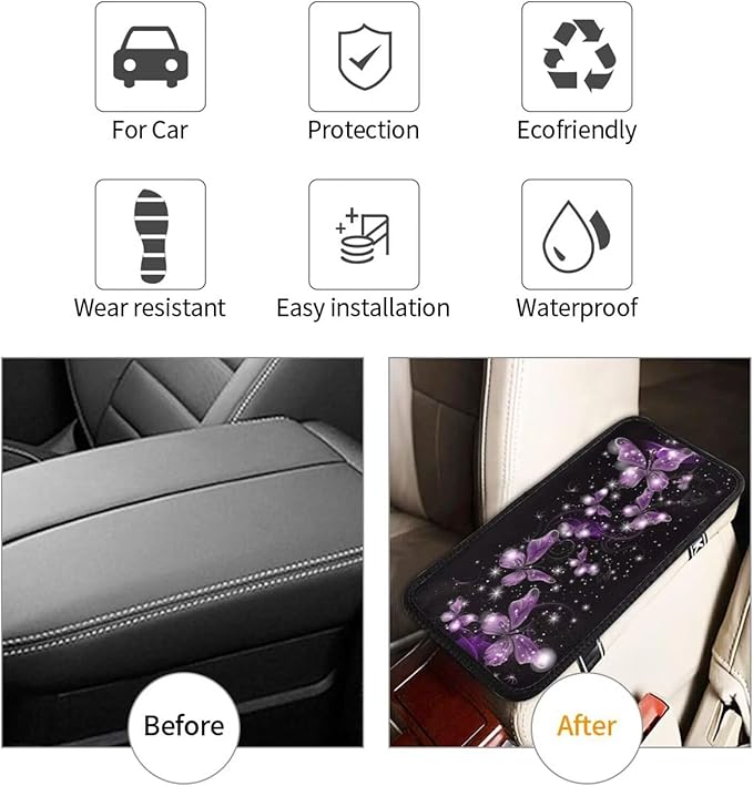Car Auto Center Console Pad Purple Butterfly Print Universal Armrest Seat Box Cover Glitter Star Car Interior Accessories Polyester Auto Armrest Cover Protector for Most Vehicle, SUV, Truck