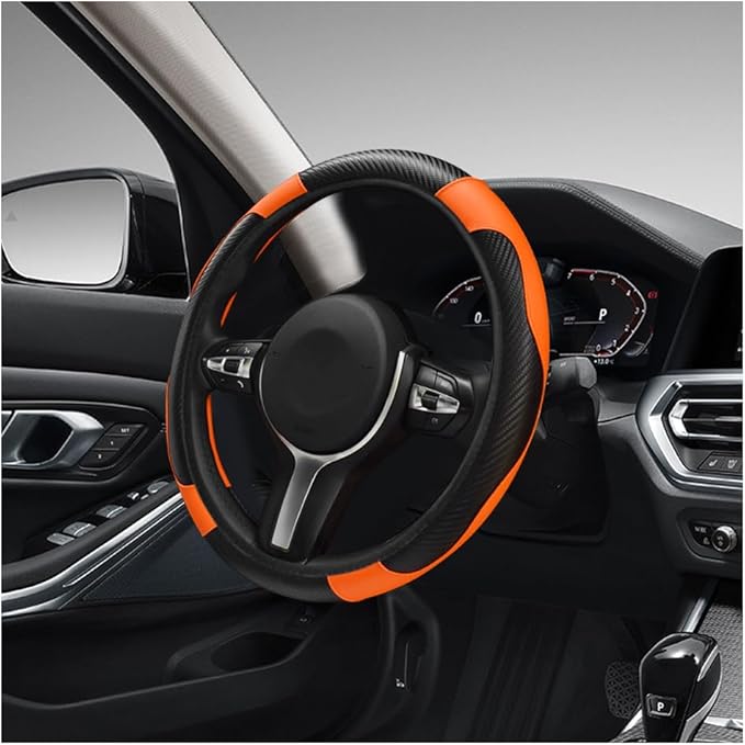 Car Steering Wheel Cover, 15 Inch Carbon Fiber Leather Stitching Color Steering Wheel Protector, Anti-Slip Elastic Breathable Steering Wheel Cover Stylish Decor for Most Cars (Orange)