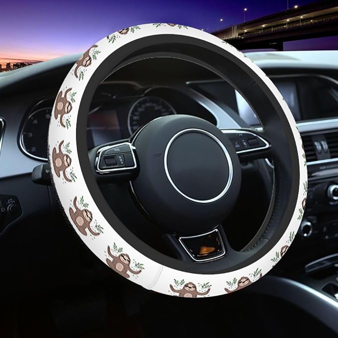 Sloth Elastic Steering Wheel Cover Cute and Green Leaves Steering Wheel Cover Anti Slip Protective Case Universal Stretch Steering Protector
