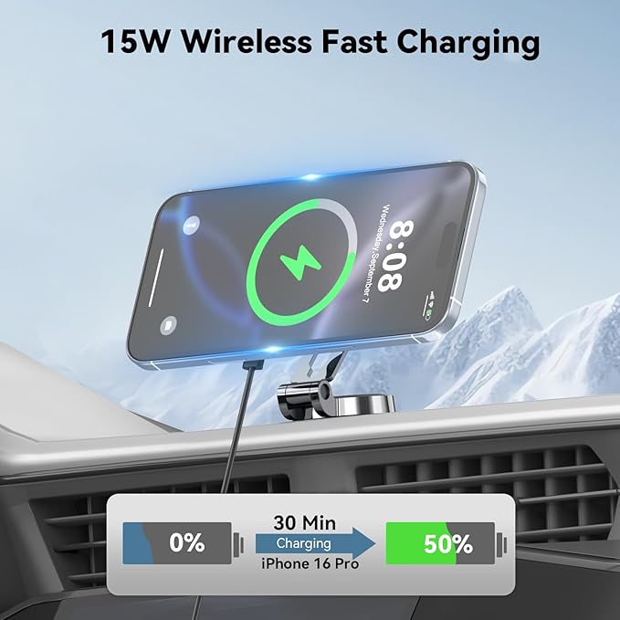 Lecork for Magsafe Car Mount Charger, 15W Magnetic Wireles Car Charger for iPhone 12 13 14 15 16 Series, Stick On Dashboard Phone Holder Mount for Samsung S25 Series, Zinc Alloy Shell, Black