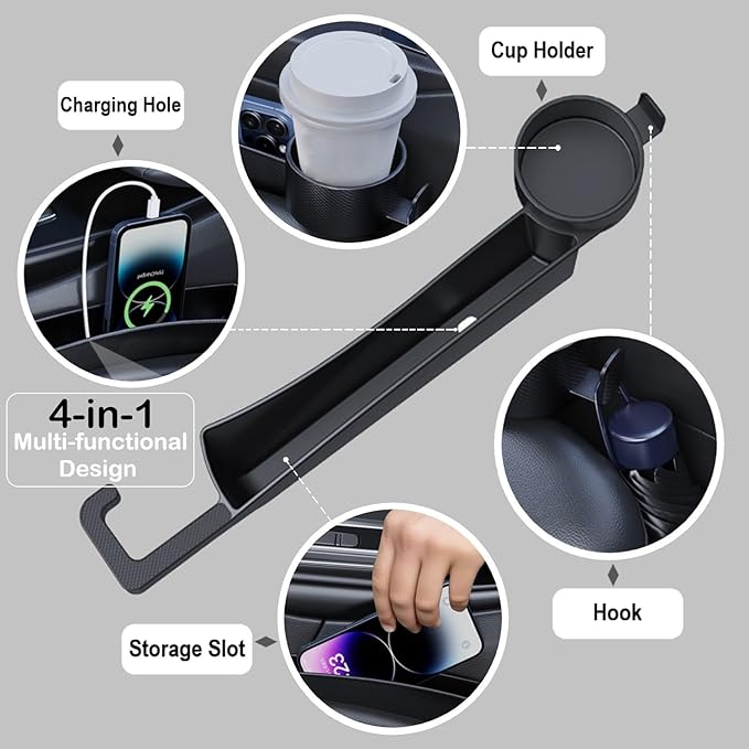 Car Seat Gap Plug with Storage Slot, Auto Gap Filler Organizer with Cup Holder, Universal Carseat Side Gap Filler Strip 2 Pack Between Front Seats & Console, Anti-Drop Pad with Seatbelt Holes, Black