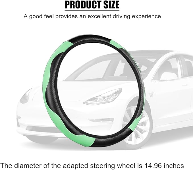 Carbon Fiber Car Steering Wheel Cover, 14.5-15 Inch Elastic Stretch Steering Wheel Guard, Sports Style Non-Slip Automotive Interior Accessories, Universal for Vehicles (Green)