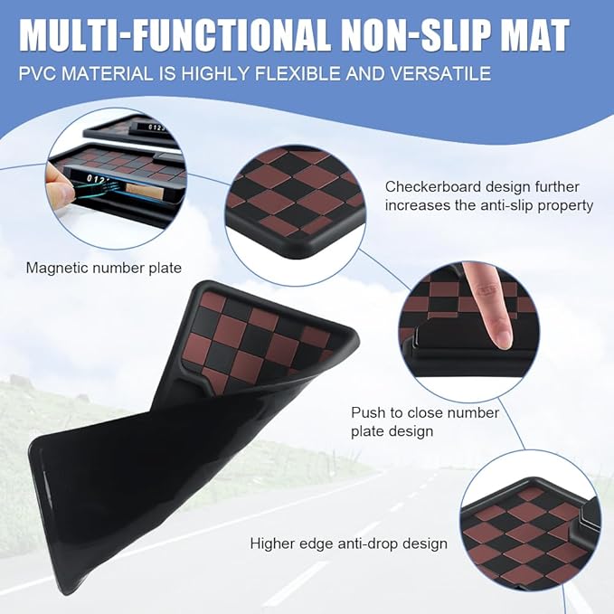 NHHEO Car Anti Slip Mat Dashboard Tray Decorations Sticky Pad Multi Functional Thicken Washable Checkerboard Design with Universal Number Plate for Aromatherapy Sunglasses Key(Black&Brown)
