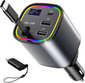 Retractable Car Charger, 4 in 1 Fast Car Charger 78W, with Type C, 2 USB-A Ports and 1 USB-C Port for Fast Charging, Compatible with iPhone 16/15/14/13/12/11, Galaxy, Pixel (Grey)