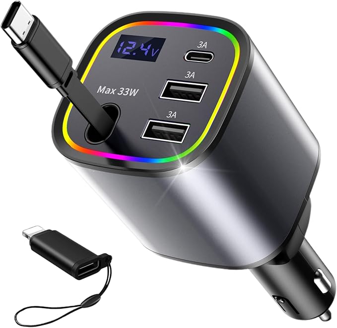 Retractable Car Charger, 4 in 1 Fast Car Charger 78W, with Type C, 2 USB-A Ports and 1 USB-C Port for Fast Charging, Compatible with iPhone 16/15/14/13/12/11, Galaxy, Pixel (Grey)