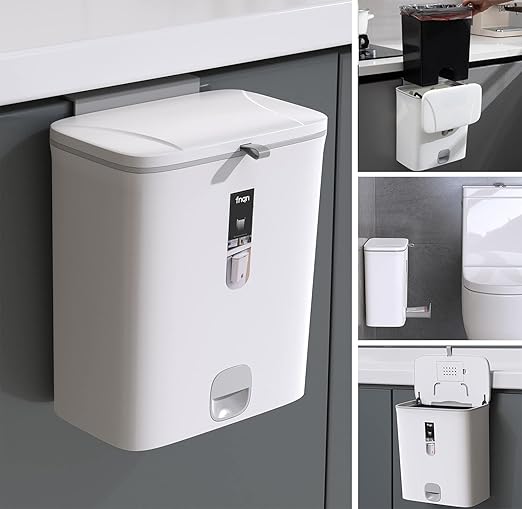 Sooyee Trash Can with Lid,2.4 Gallon Small Trash Can,Hanging or Standing Plastic Compost Bin for Cupboard/Bedroom/Office/Camping/Kitchen/Bathroom,Waste Basket,White