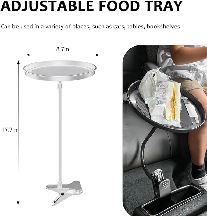 Adjustable Food Tray for Car, 360° Swivel Non-Slip Car Food Table for Drinks and Snacks, 8.7 Inches Diameter Swivel Car Clip Type Tray for Eating, Universal Car Accessories (White)