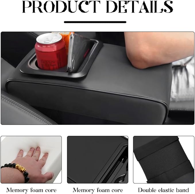 Car Center Console Armrest Pillow, 14"×8.3" Leather Memory Foam Armrest Cushion with Cup Holder & Phone Holder, Waterproof Middle Console Cover Box Protector for Most Vehicle (Glossy)