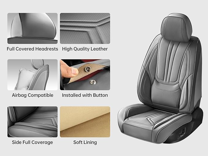 SCDOOCA Car Seat Covers Front Seats, Premium Leather Car Seat Covers, Waterproof and Breathable Seat Covers, Universal Car Seat Protector Fit for Cars, Trucks, SUVs, Pick-ups (Gray, 2 PCS Front Seat)