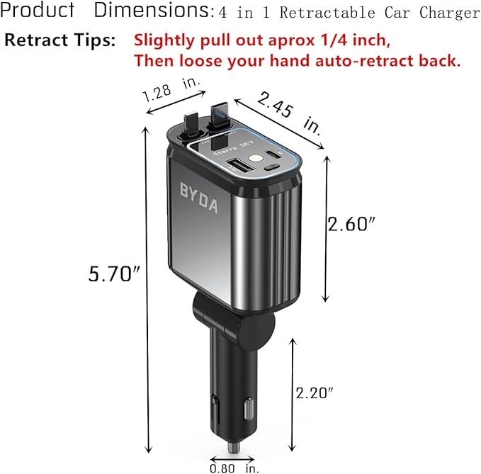 4 in 1 Retractable Car Charger with Starry Light,69W USB-C Fast Car Charger, for iPhone 17/16/15/14/13/12/11, Android,Pixel,Cigarette Lighter Charger (for Lightning+USB-C)