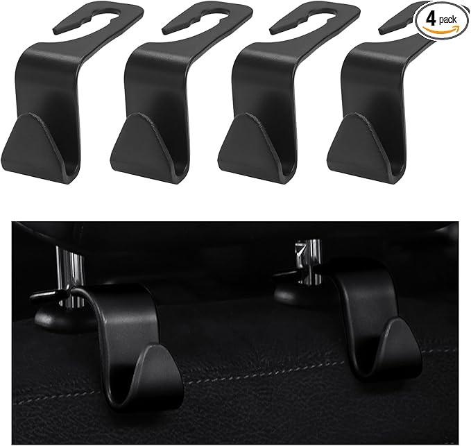 4 PCS Car Seat Headrest Hooks, Auto Seat Hook Hangers Storage Organizer, Back Seat Hanger for Car Handbag Clothes Coats Grocery Bags, Universal Interior Car Accessories (Black)