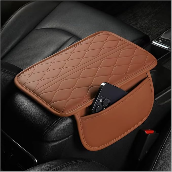HZEL Car Center Console Cover, Scratch & Wear Resistant Soft Leather Vehicle Armrest Seat Box Cushion Pad with 2 Storage Bag, Waterproof Automotive Interior Protector, Universal Fit (Yellow)