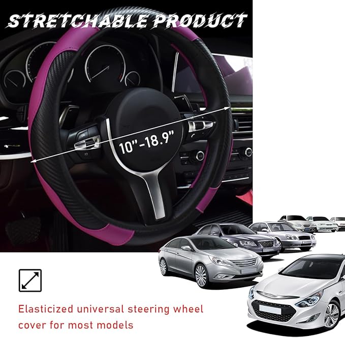 Car Steering Wheel Cover, 15 Inch Leather Breathable Auto Steering Wheel Protector, Comfortable Non-Slip Vehicle Steering Wheel Covers, Universal Interior Car Accessories (Black+Purple)