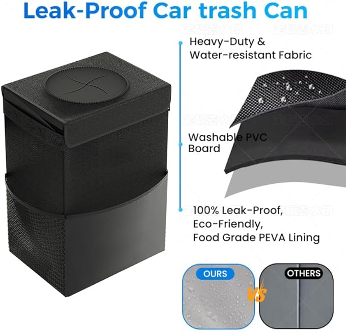 Beicarin Car Trash Can with Lid - Trash Bag Hanging with Storage Pockets Leak-Proof Organizer Collapsible and Portable Waterproof Garbage Bin, 2.2 Gallons Multipurpose Trash Bin for Car