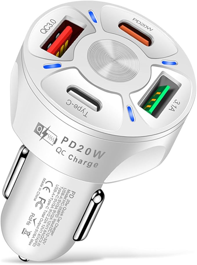 Augeny 4 Ports Car Fast Charging Charger Cigarette Lighter Adapter, Super Fast Auto Charging Cigarette Lighter Plug with QC 3.0, PD 20W, Type C, 3.1 A, Vehicle Phone Charger for Car SUV(White)