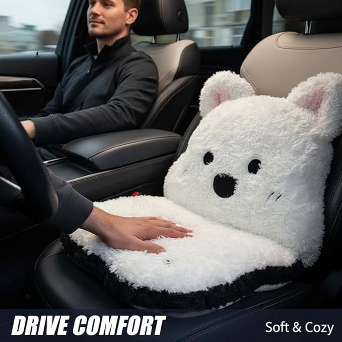 Soft Plush Car Seat Cushion and Lumbar Support Set - Adorable White Animal Design for Enhanced Driving Comfort (White)