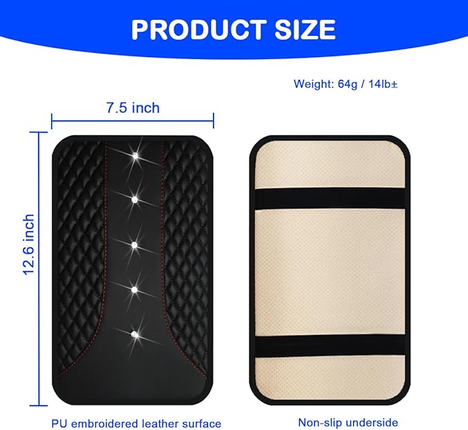Mandark Bling Leather Car Center Console Cover, Crystal Rhinestone Vehicle Armrest Seat Box Protector, Waterproof Non-Slip Auto Arm Rest Decor Cushion, Universal for SUV, Truck, RV（Black）