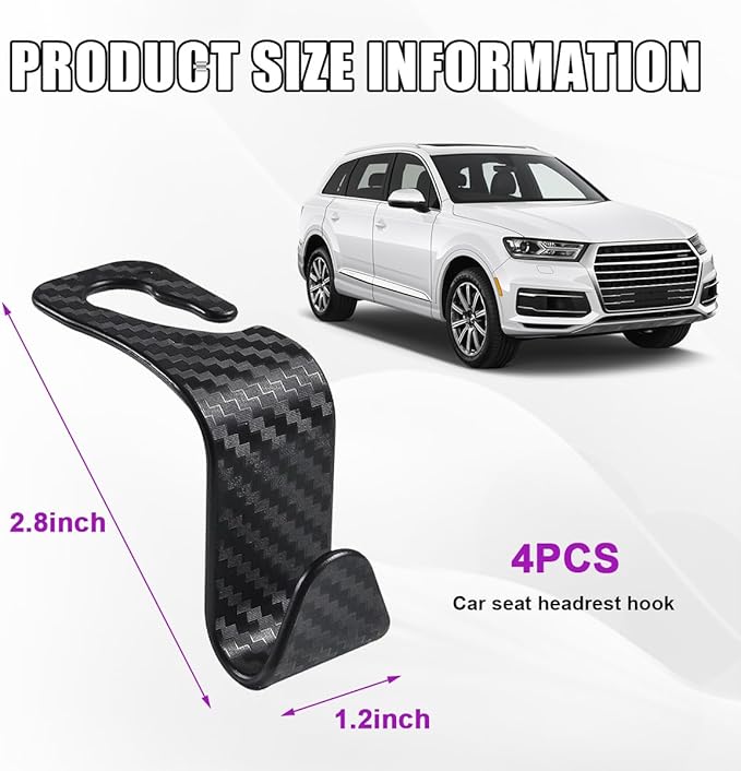 4 PCS Car Seat Headrest Hooks, Auto Backseat Organizer Hanger Holder, Vehicle Seat Back Storage Hooks for Purse Coat Umbrella Grocery Bag Handbag, Interior Car Accessories (Carbon Fiber)