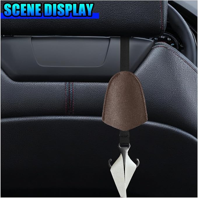 2PCS Car Seat Hooks for Headrest, Leather Car Seat Back Storage Hanger with Double Hooks, Universal Hidden Auto Organization Accessories for Purses, Bags, Umbrellas, Handbags (Coffee)