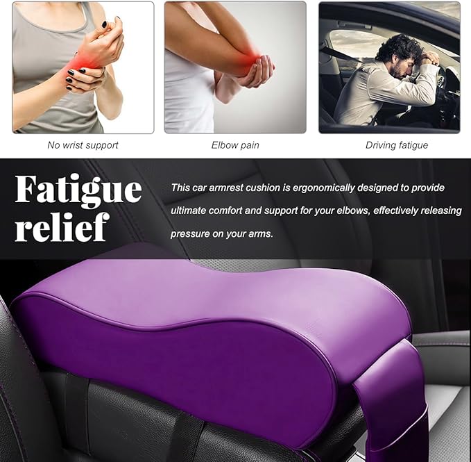 Car Center Console Cover, Soft Memory Foam Auto Arm Rest Pillow with Phone Holder Storage Bag, Waterproof Leather Armrest Seat Box Protector Comfy Cushion Pad for Most Cars (Purple)