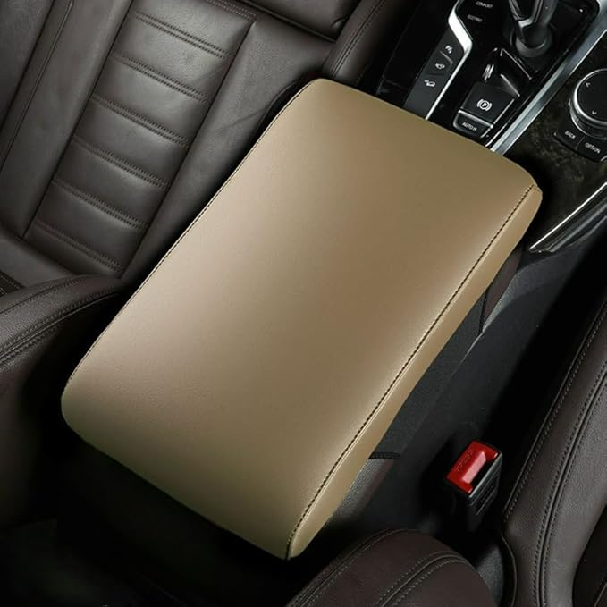 Car Center Console Cover Nappa Leather Memory Foam Armrest Box Seat Box Cushion Protector Pad Comfortable Height Increase Universal for Car Truck SUV (Glossy,Beige)