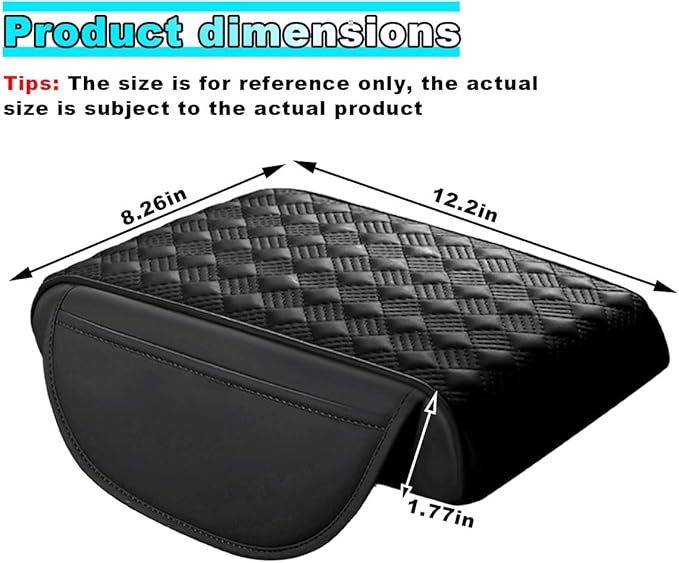 Car Center Console Cover with Storage Pocket, Waterproof Leather Car Armrest Cover Cushion Pad Distributes Elbow Stress, Non-Slip Middle Console Storage Box Covers for Most Vehicles (Black)